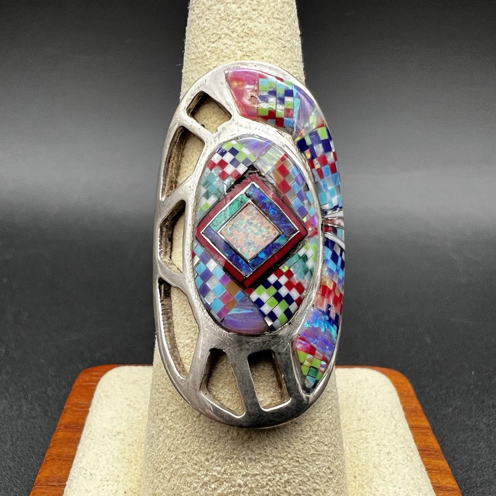 Sterling Silver Inlay Native American Ring Turquoise Opal & Other Size 7.5 10g