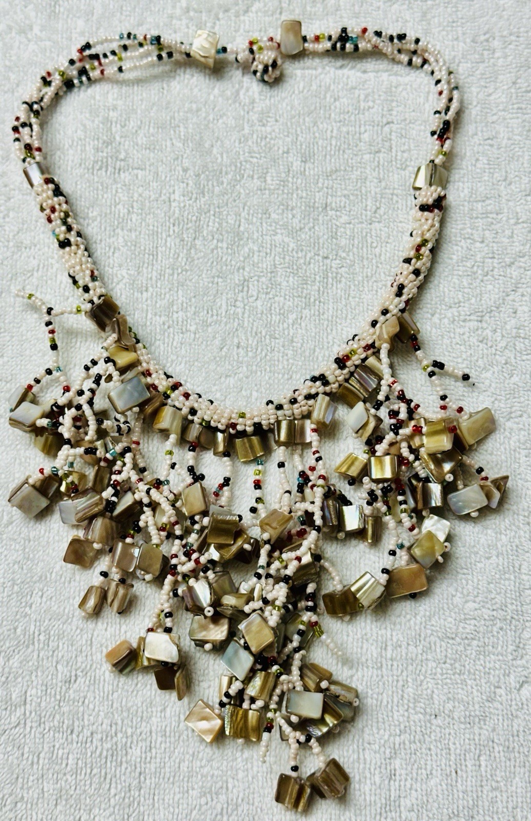 White Black Brown Seed Bead Collar MOP Chunk Dangle Bib Necklace n0237