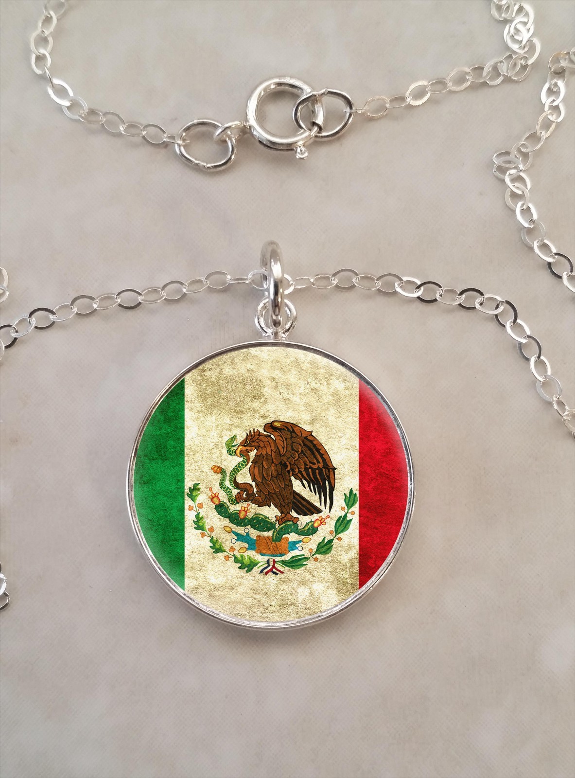 Sterling Silver 925 Pendant Necklace Mexican Flag Mexico Bandera de México