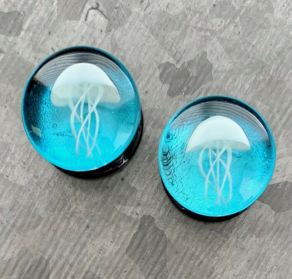PAIR Jellyfish Design Glass Double Flare Plugs Jelly Fish Gauges Body Jewelry