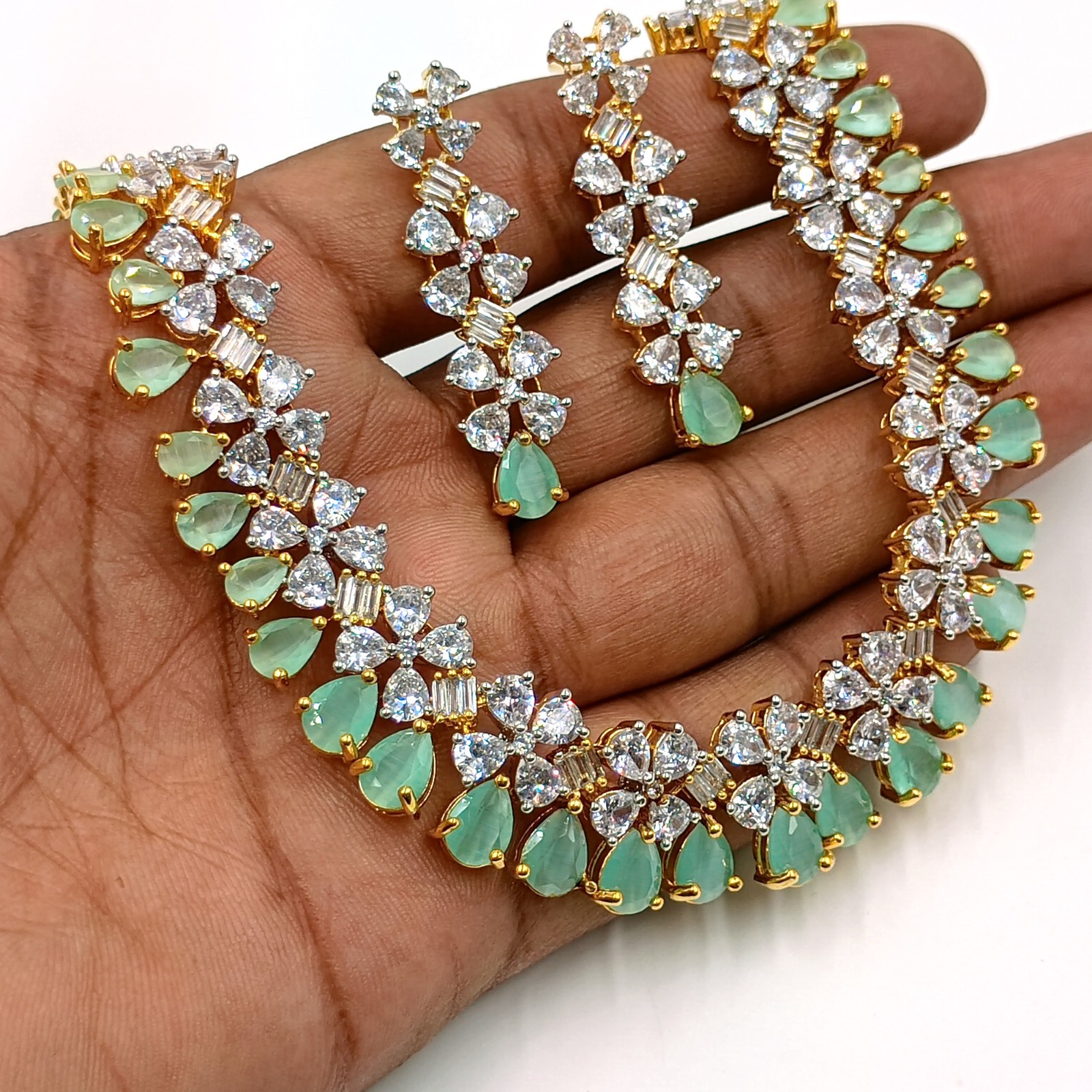 Designer Chalcedony CZ Diamond Gold Plated Necklace Set Bridal Jewelry For Women