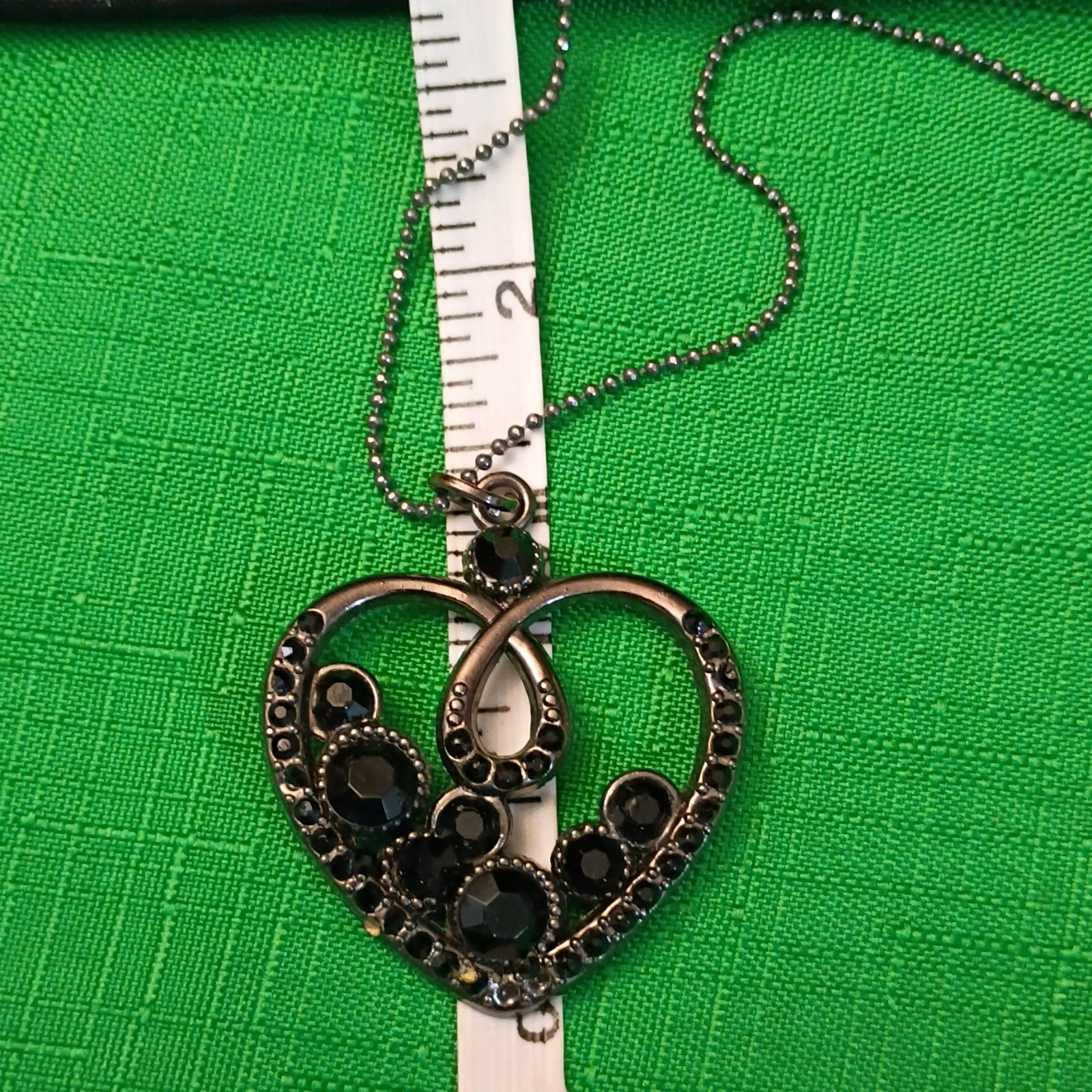 Black Crystal Heart Charm Pendant Necklace Silver Tone Ball Chain Lobster Clasp