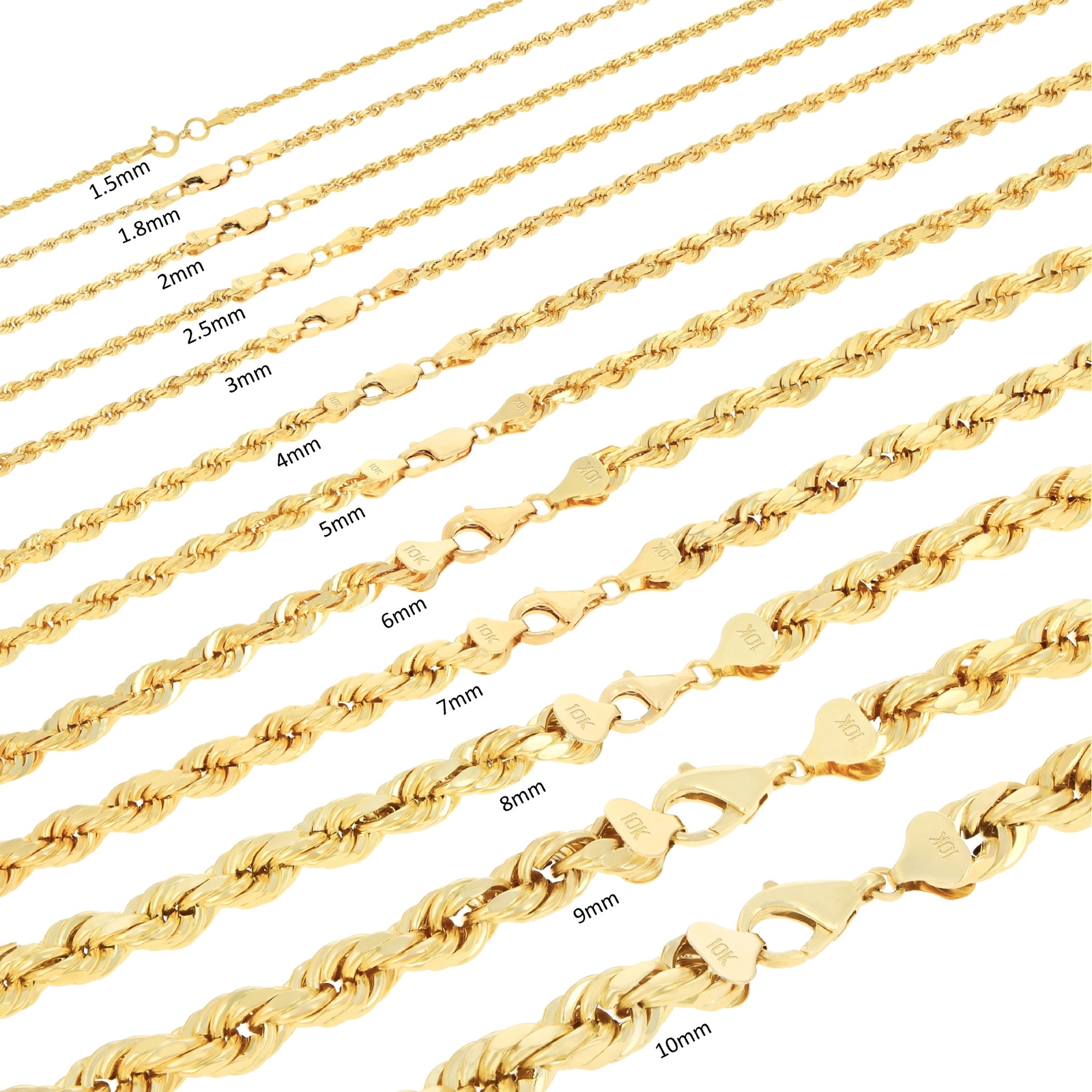 10K Yellow Gold 1.5mm-10mm Rope Chain D/C Necklace Bracelet Mens Women 7″- 30″