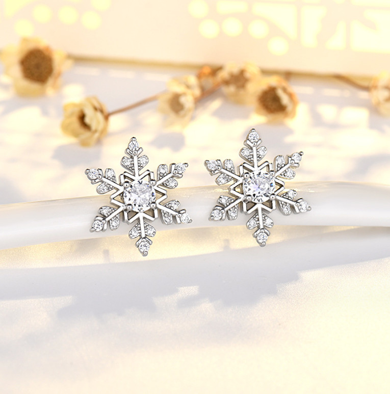 Silver / Gold / Rose Gold Snowflake Flower Pave CZ Stud Earrings