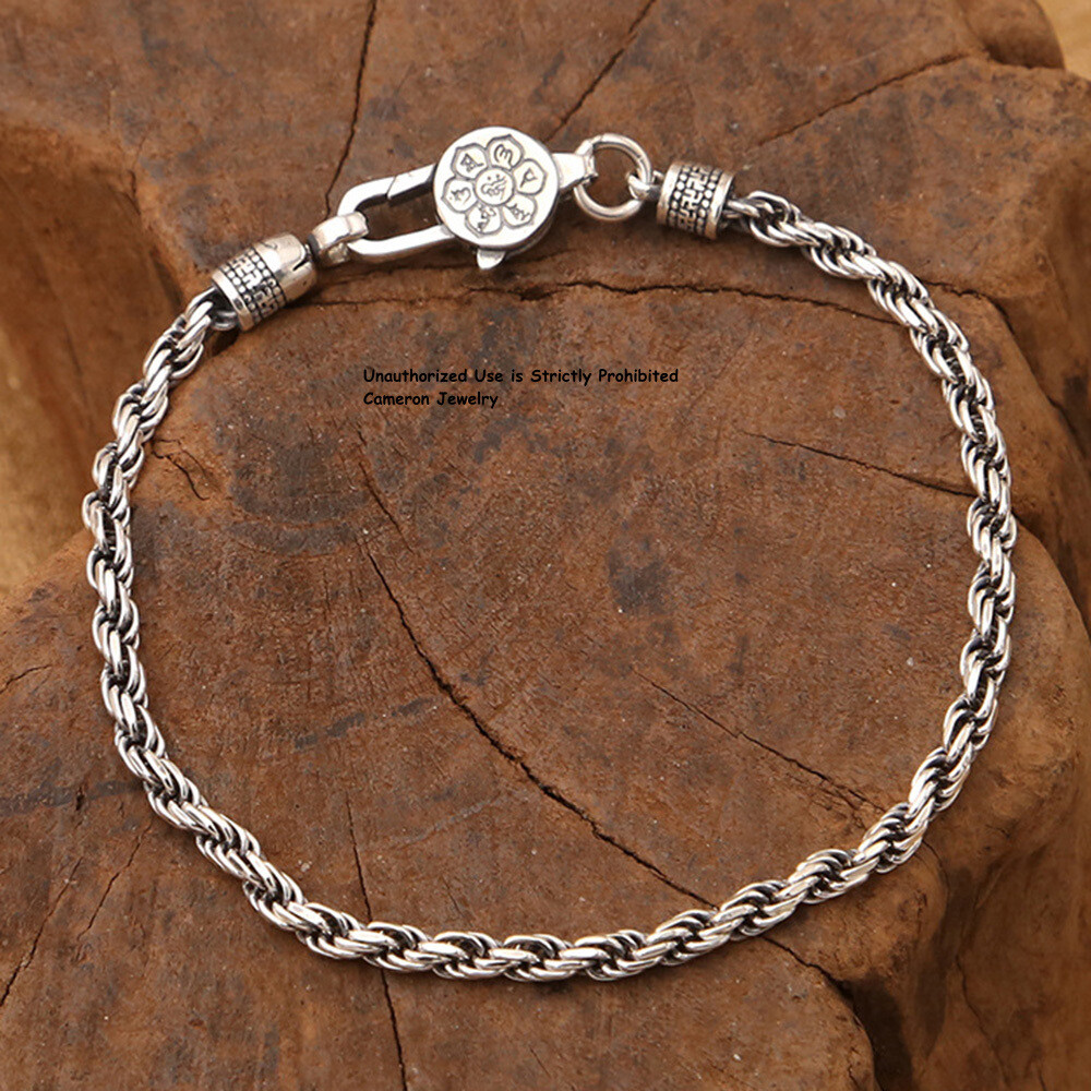 Solid S925 Sterling Silver Chain Unisex 3mm Rope Link Bracelet 6.7-8.3inch