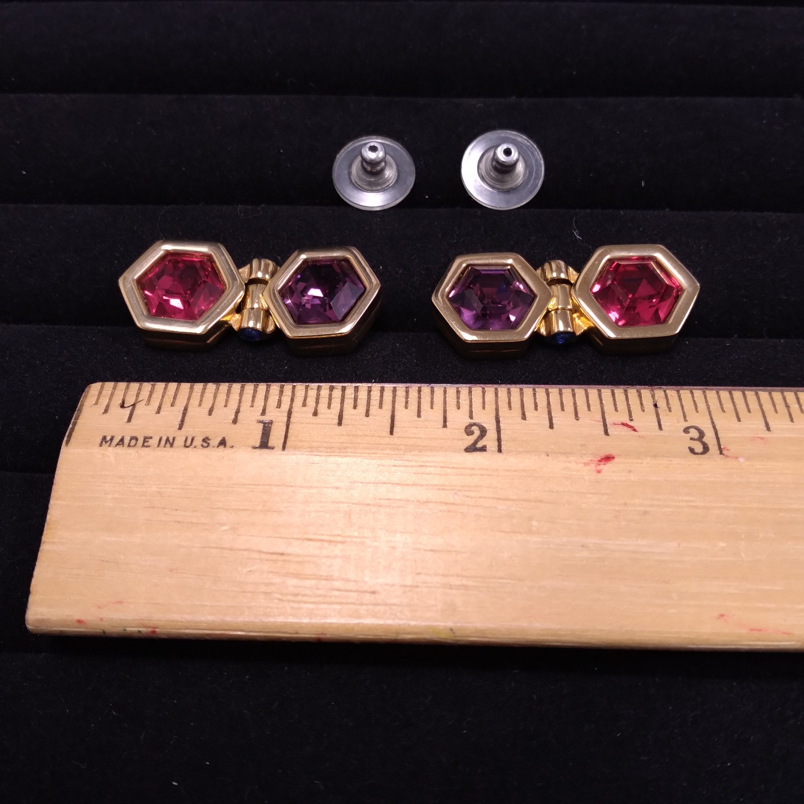 Swarovski Swan Purple Red Hexagon Shape Gold Tone Doorknocker Earrings Pierced