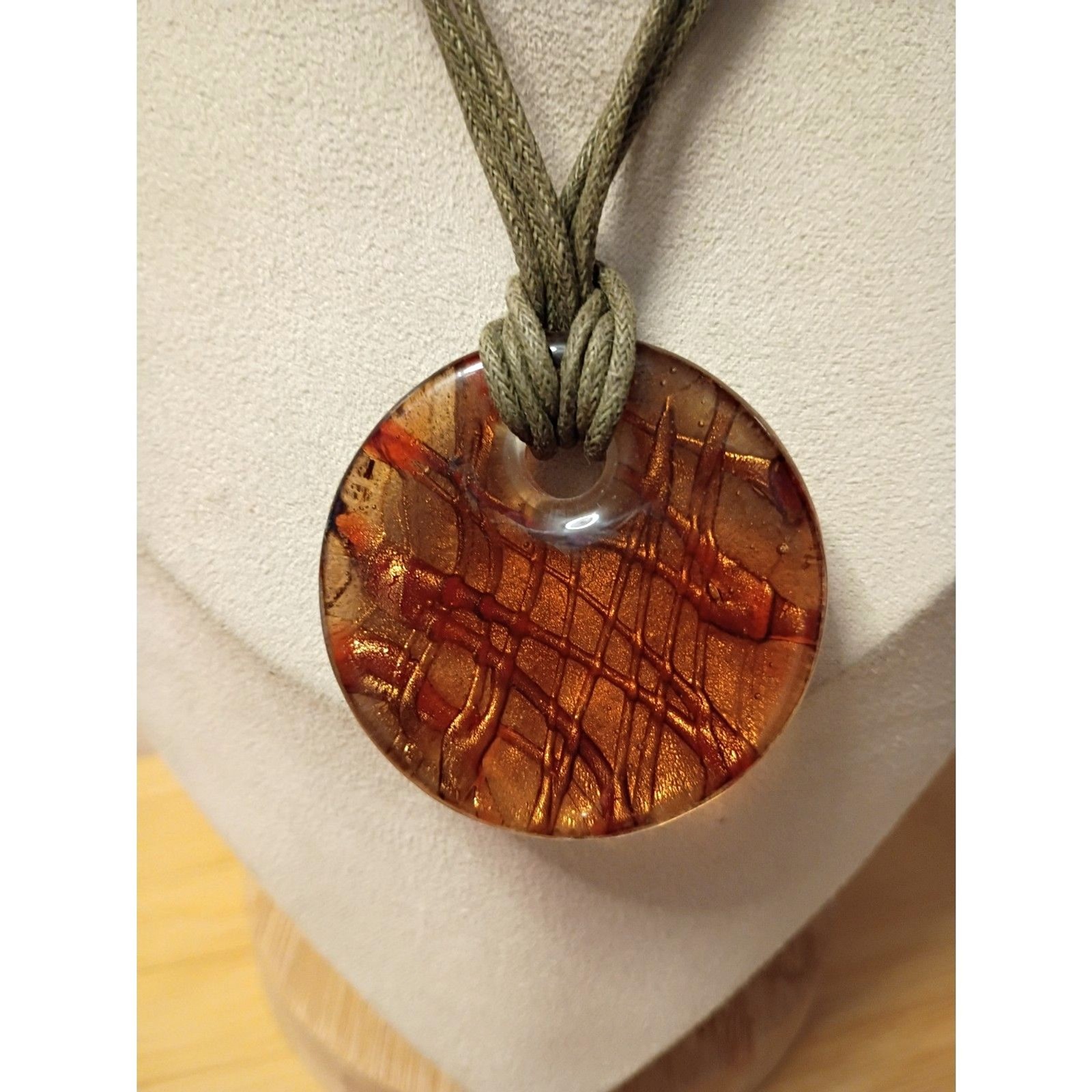 Multicolor Murano Glass Handmade Round Pendant on OD Green Textile Cord Necklace