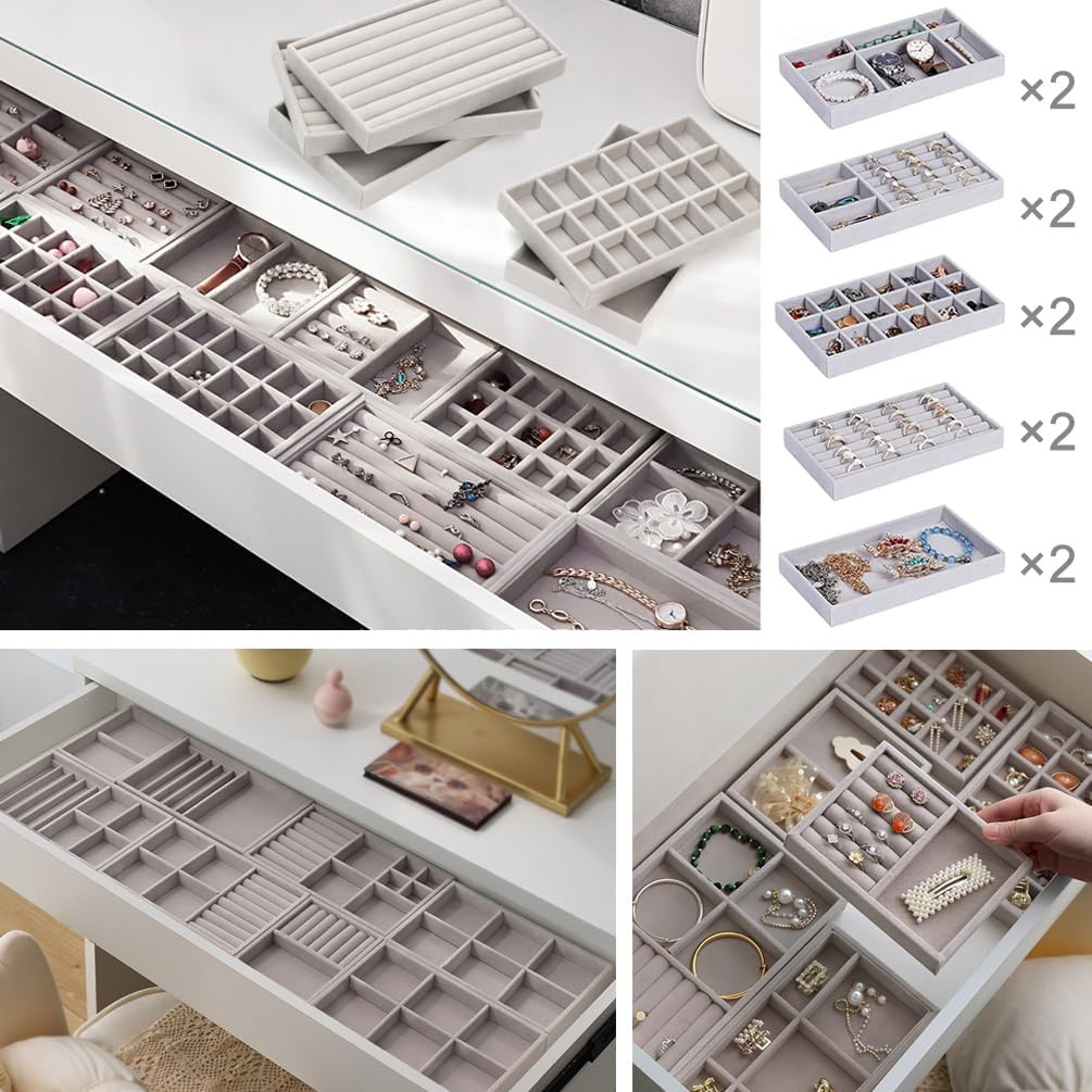 10 Pack Jewelry Organizer Tray Drawer Inserts Stackable Velvet Liner Dividers Cu