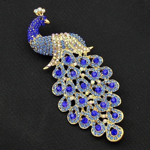 Blue Peacock Feather Brooch Pin Crystal Rhinestone Bird Jewelry Gift Women Glass