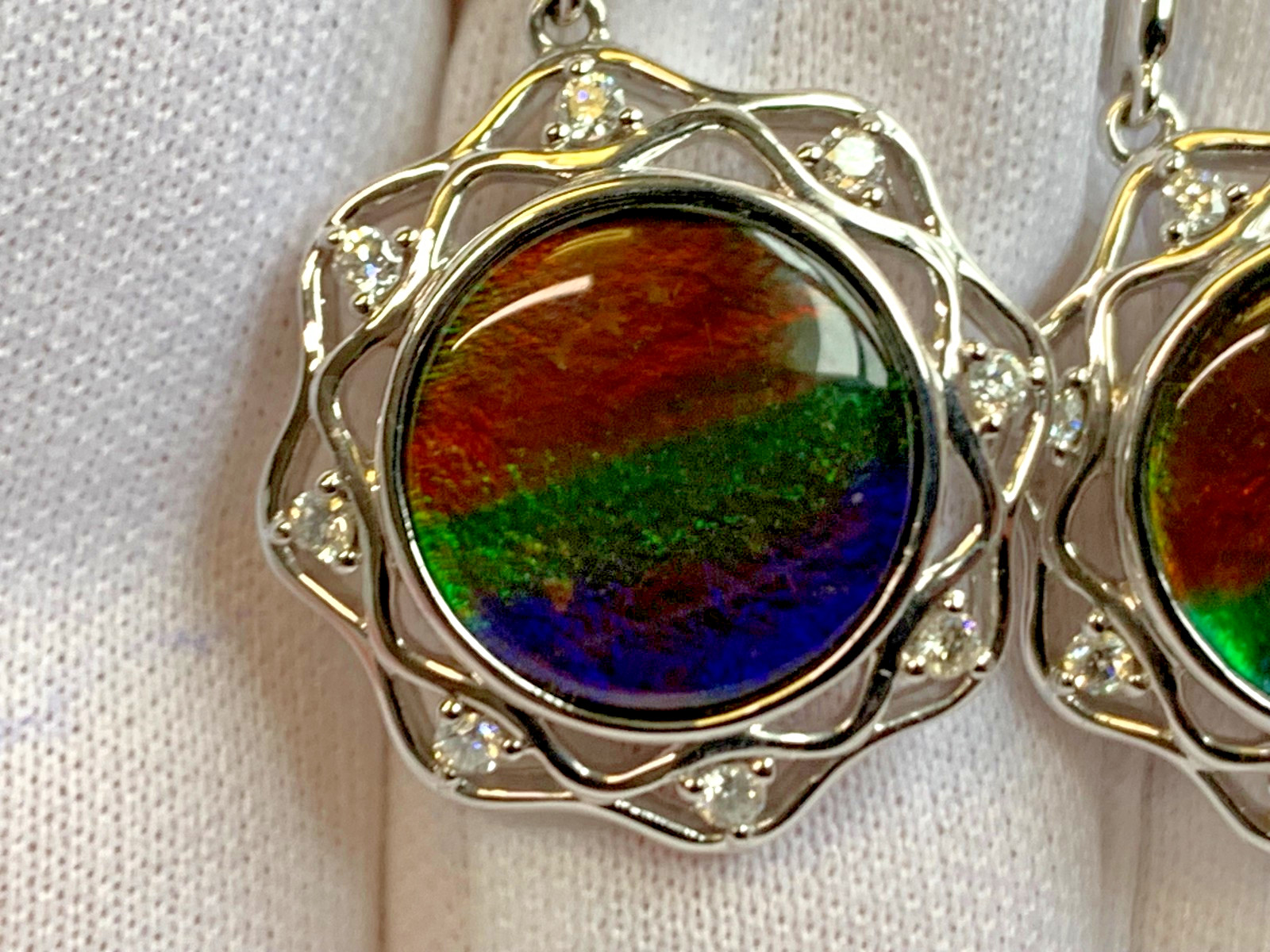 14K White Gold Iridescent Ammolite Earrings 9.54g Jewelry Clear Stones *READ*