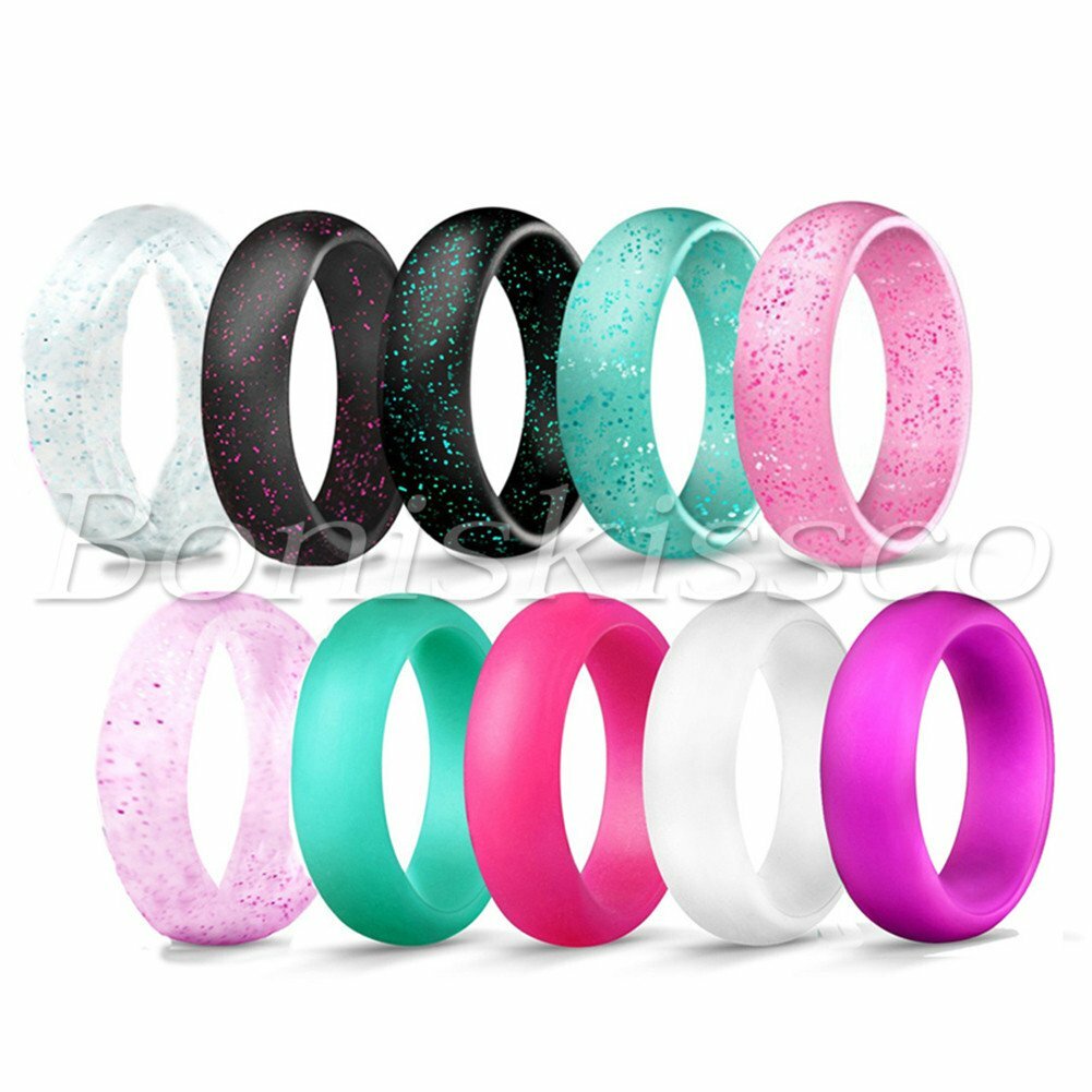 10pcs Women’s Ladies 5.7mm Glitter Silicone Wedding Ring Band Promise Engagement