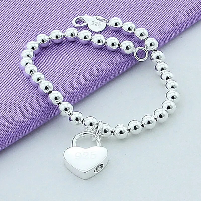 925 Sterling Silver Heart Lock Bead Bracelet 7” long lobster closure