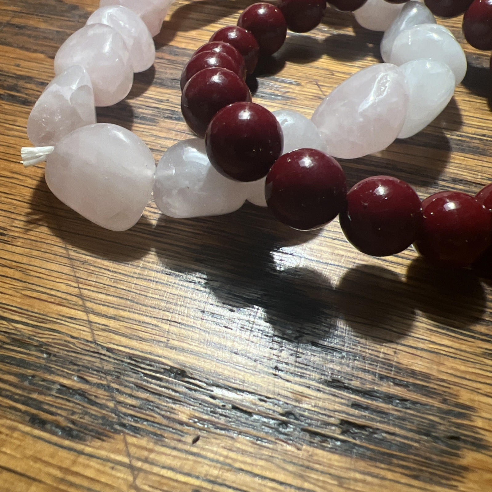 Gemstone Bracelets Womens L Set Of 2 Stretch Burgundy Red Lite Pink Stones