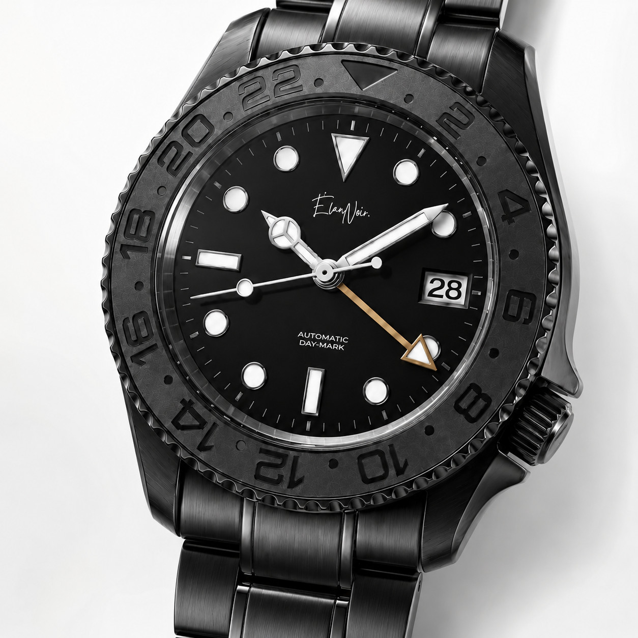 Élan Noir Automatic Day Date GMT Watch 41mm Black-Out NH35 Stainless Steel Gold