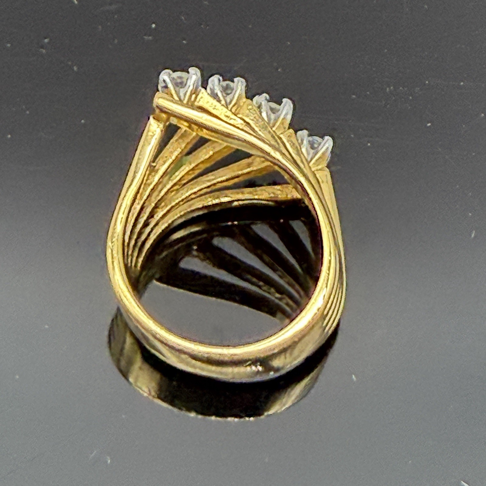 Vintage 18K Gold Electroplate Wide Wavy Bypass Cocktail Ring Clear Stones 7.25