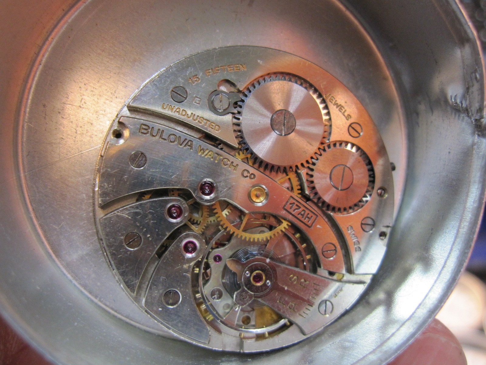 38.5mm Bulova OF cal 17AH pocket watch movement w good staff