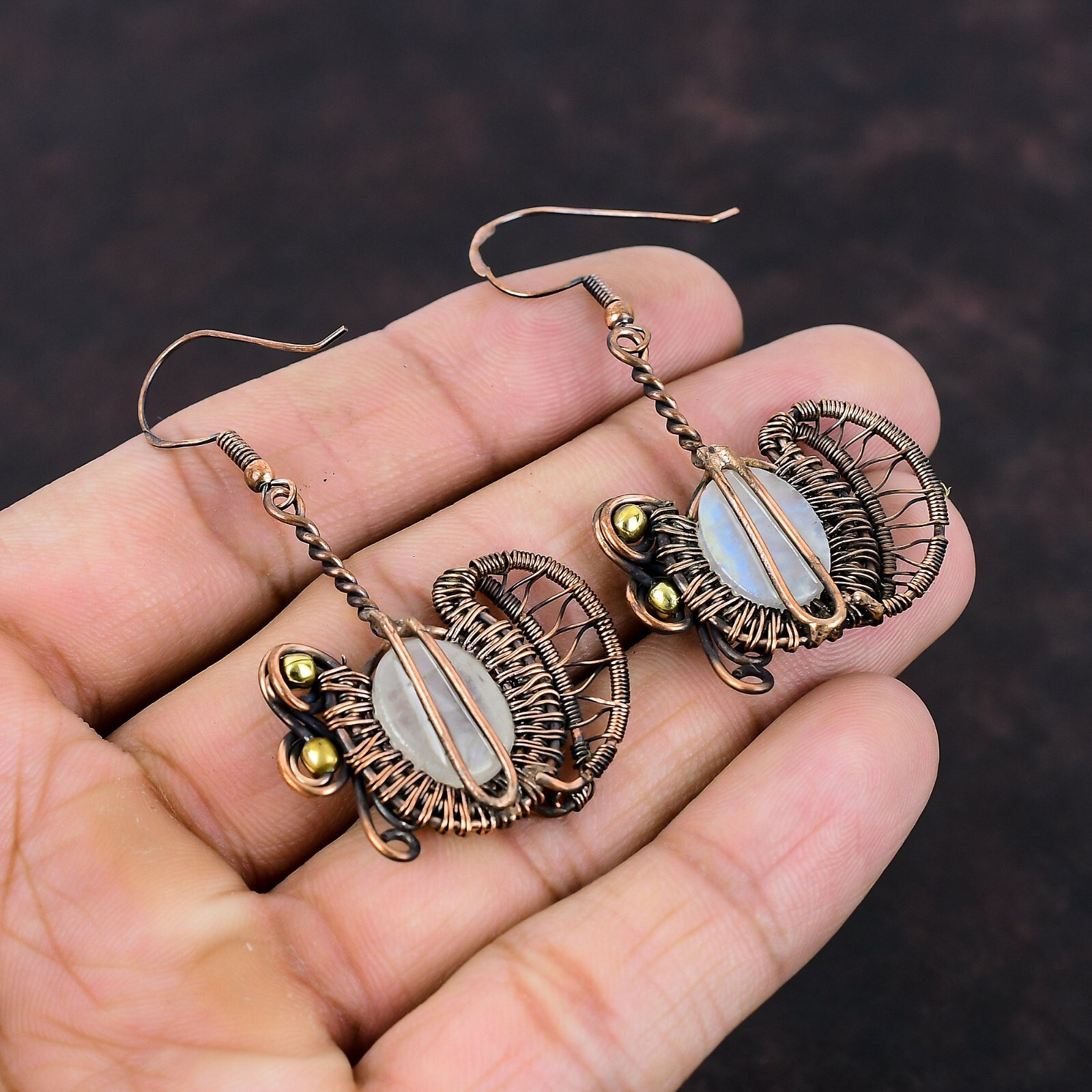 Rainbow Moonstone Wire Wrapped Earrings Handcrafted Copper Gift 2.28″
