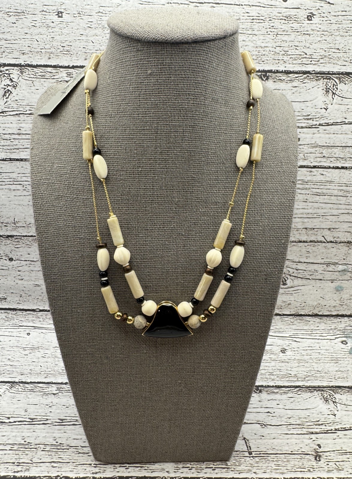 Vintage Monet Double Strand Necklace Gold Tone & Natural Black Beige Beads NWT
