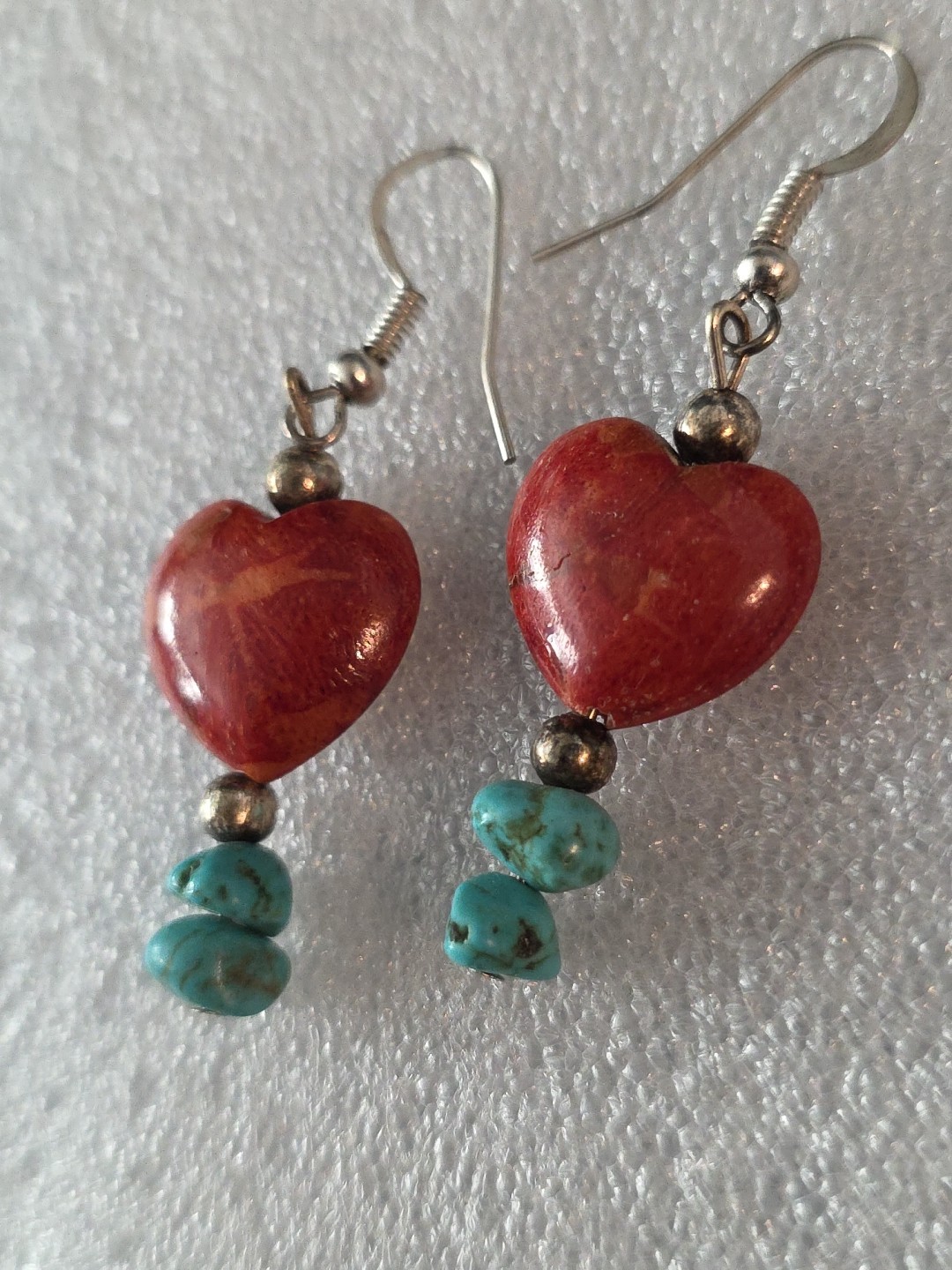 Red Heart Coral & Turquoise Bead Dangle Earrings N.A. Southwestern Handmade