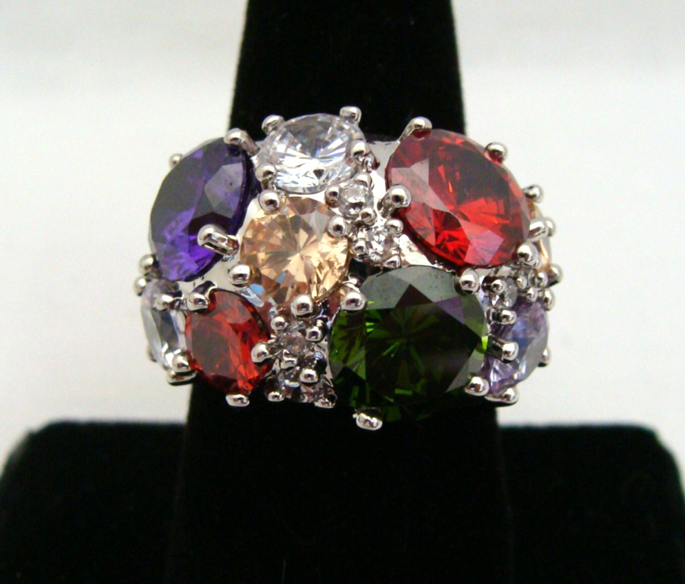 NVC Silver Tone Ring With Multicolored Rhinestones Size 8