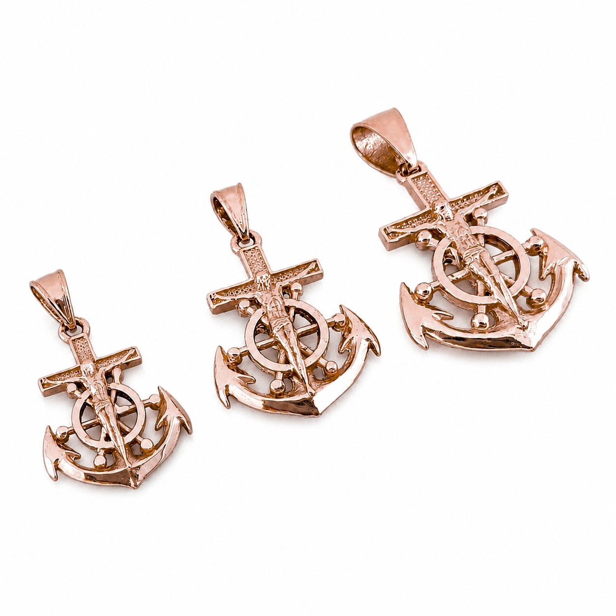 Real 10K Rose Gold Jesus Anchor Cross Pendant Nautical Mariner Ship Wheel