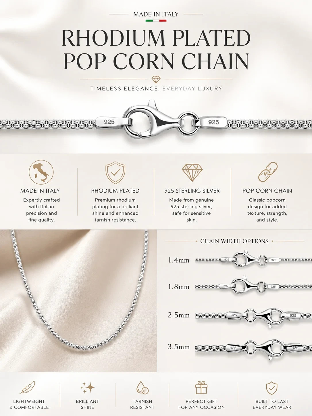 Popcorn Chain Necklace Rhodium Plated 925 Sterling Silver Italy 1.4-3.5mm
