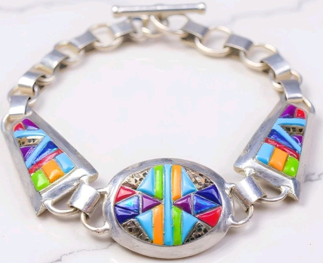 Native Sterling Silver Multi-Gemstone Inlay Cobblestone Toggle Bracelet 17.55g