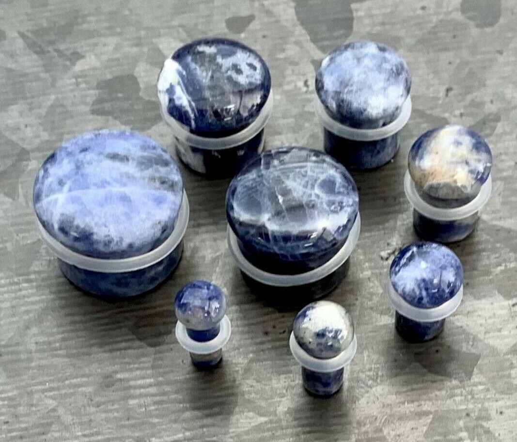 PAIR Single Flare Sodalite Stone Plugs Blue Organic Gauges Earlets Body Jewelry
