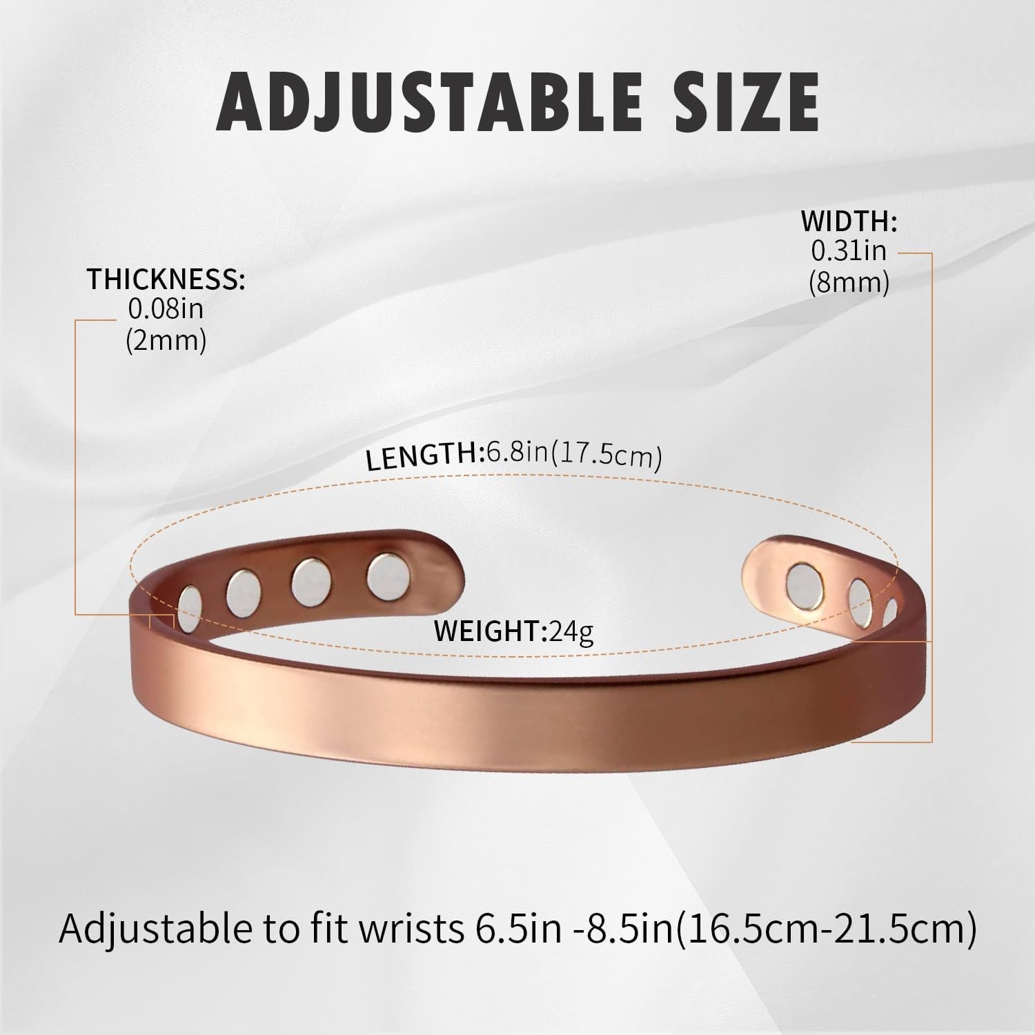 99.9% Pure Copper Magnetic Bracelet for Wellness – Adjustable Cuff 6.8 Inches
