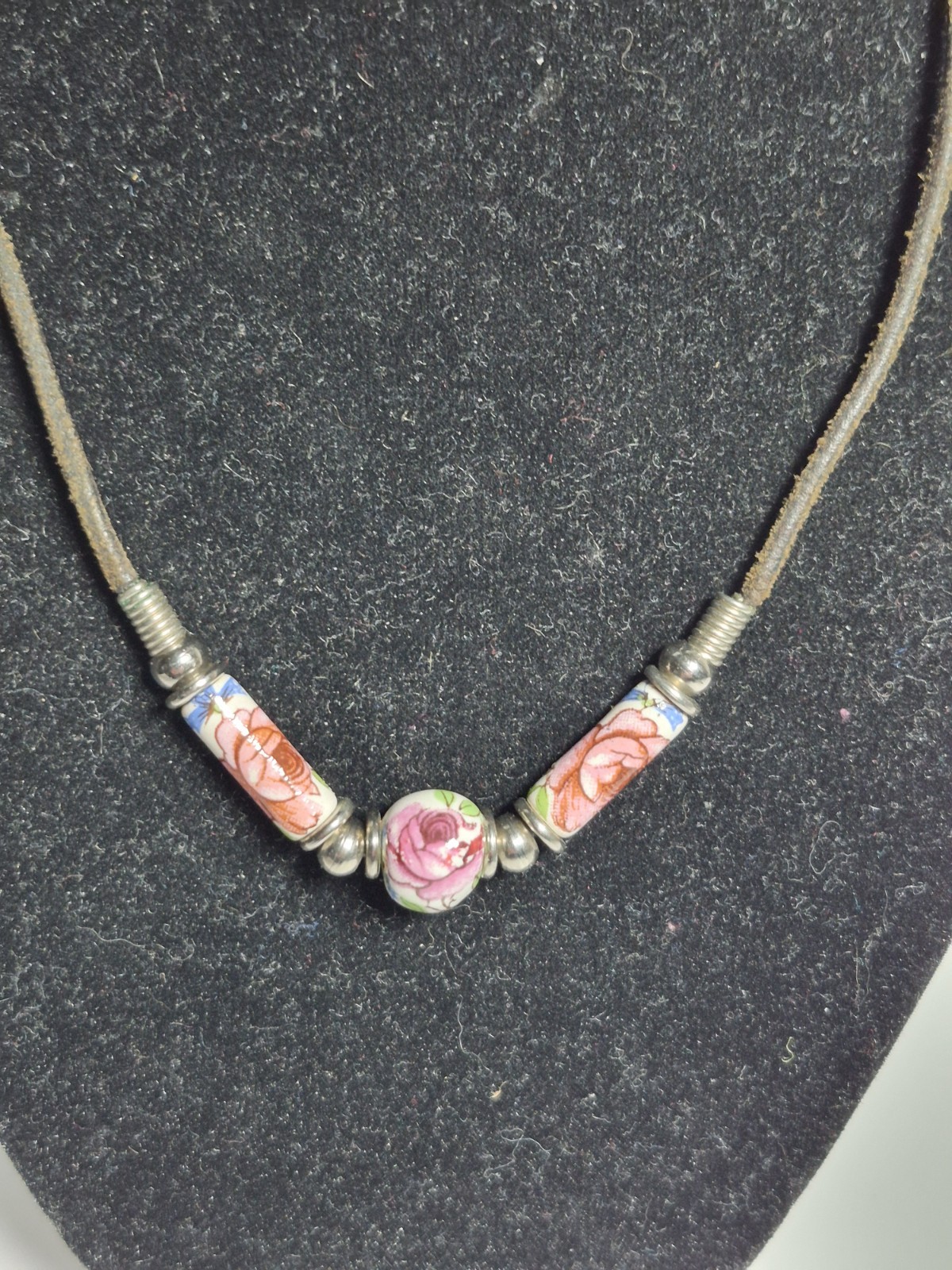 Rose Ceramic Beaded Choker Necklace With Leather Cord Boho Shabby