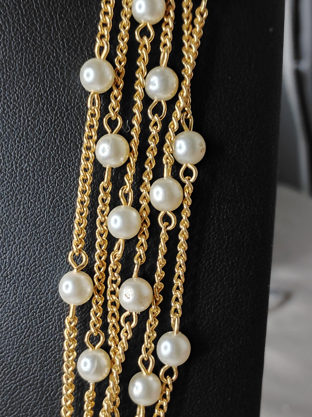 Vintage Gold Tone Multi Strand Faux Pearl Station Necklace