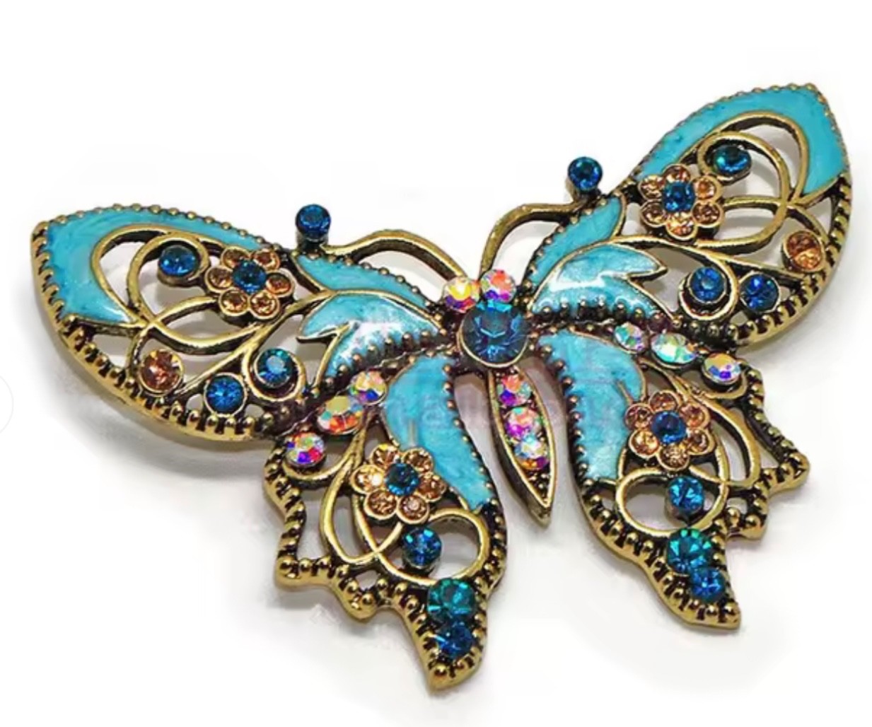 Aqua Blue Butterfly Rhinestone Brooch Box included