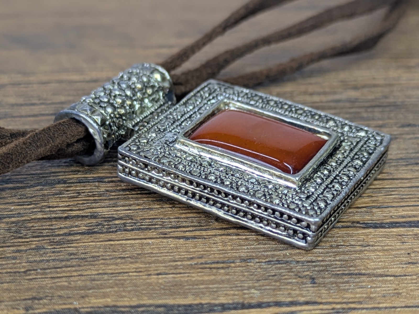 Vintage – 18″ Square Enamel Pendant Necklace, Triple Leather Stranded Chain