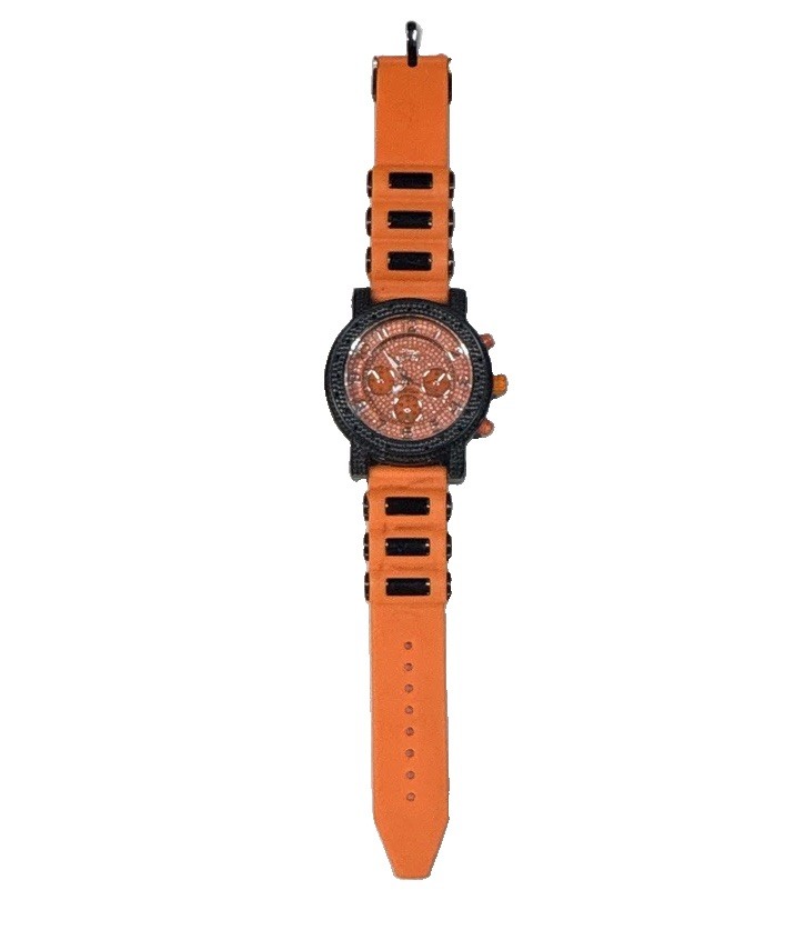 Pave Master Chronograph Quartz Wristwatch Orange Rubber Strap Black Case