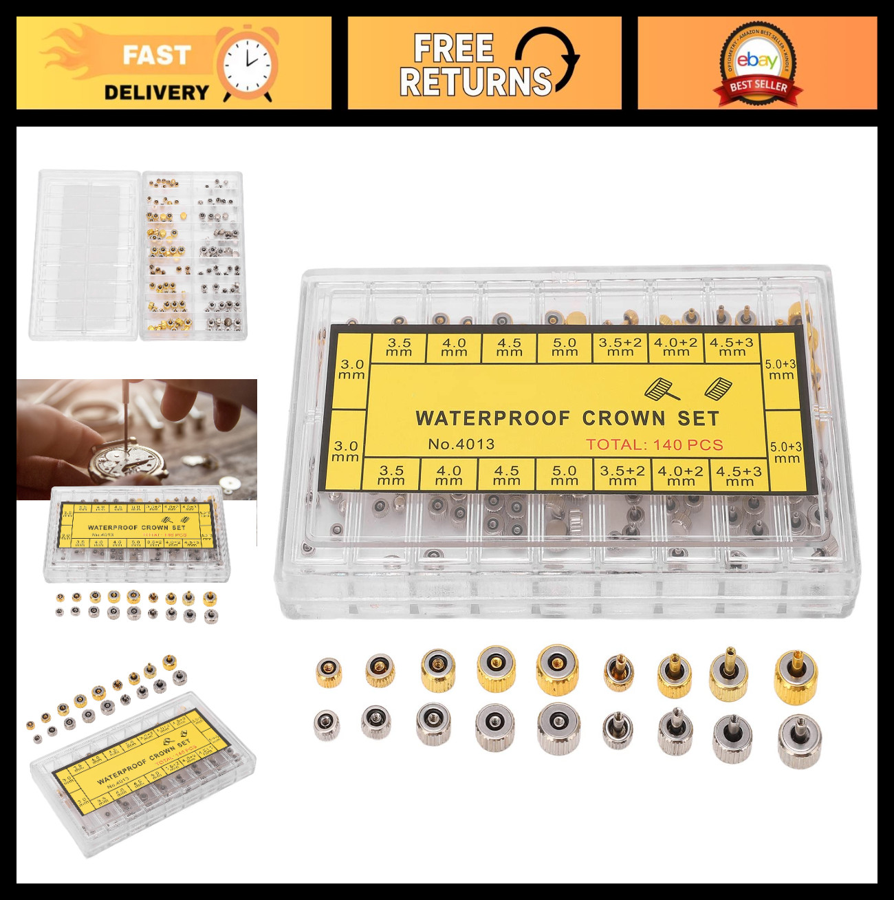 Stainless Steel Watch Crown Set – 140Pcs Repair Parts & Socket Head Screws