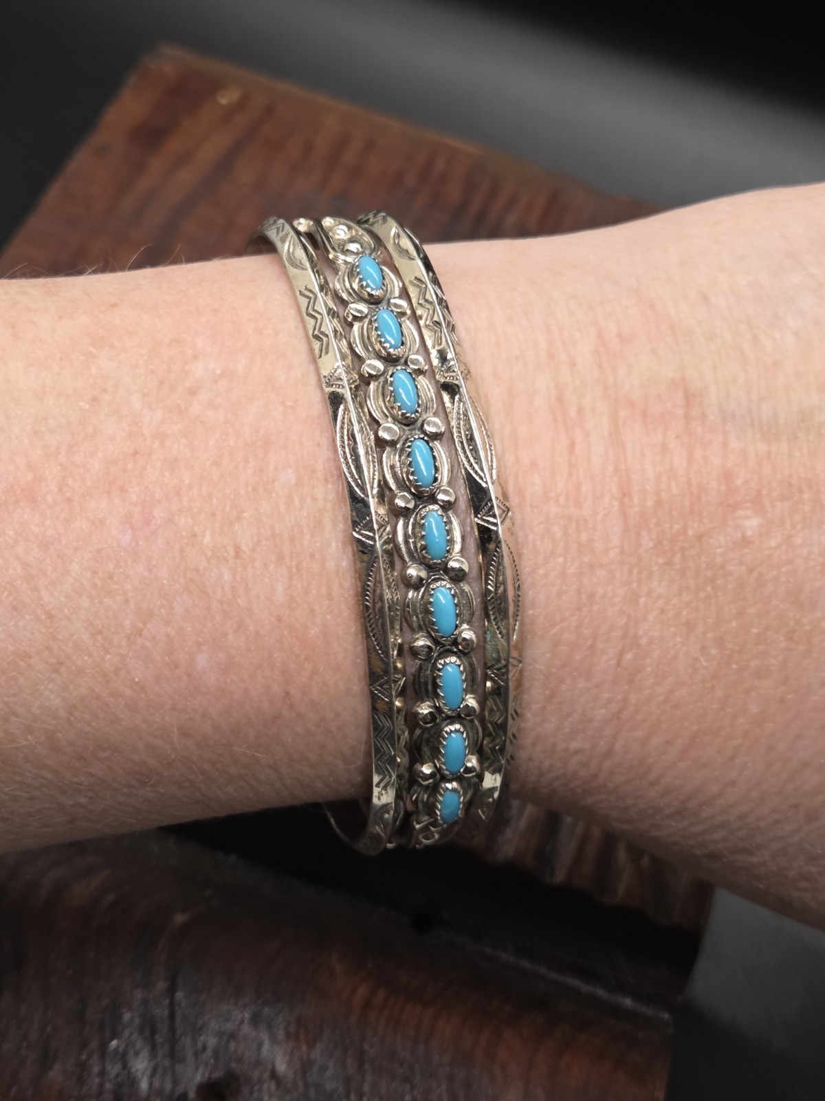 Vtg NICKLE SILVER BELL TRADING POST Southwest Navajo TURQUOISE Cuff Bracelet