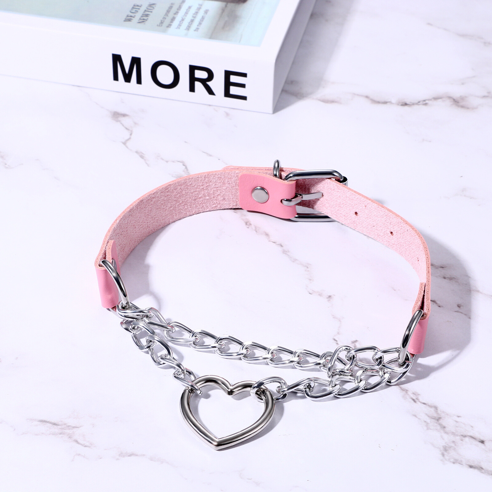 Women Girls Heart Ring Chain Leather Choker Punk Rock Collar Necklace Adjustable