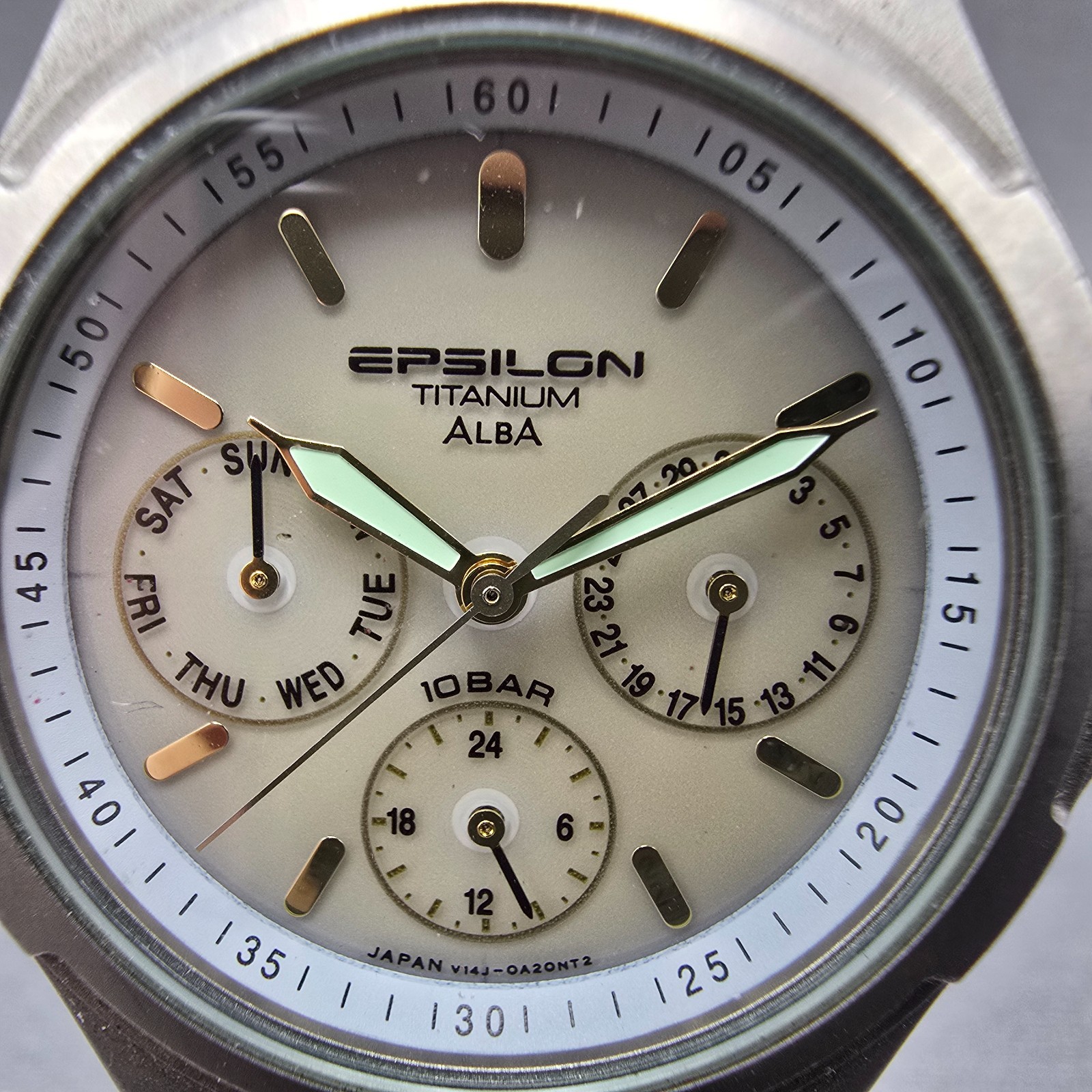 Seiko Alba Epsilon Watch Men 36mm Gray Dial Titanium Daydate V14J-0A10 Runs