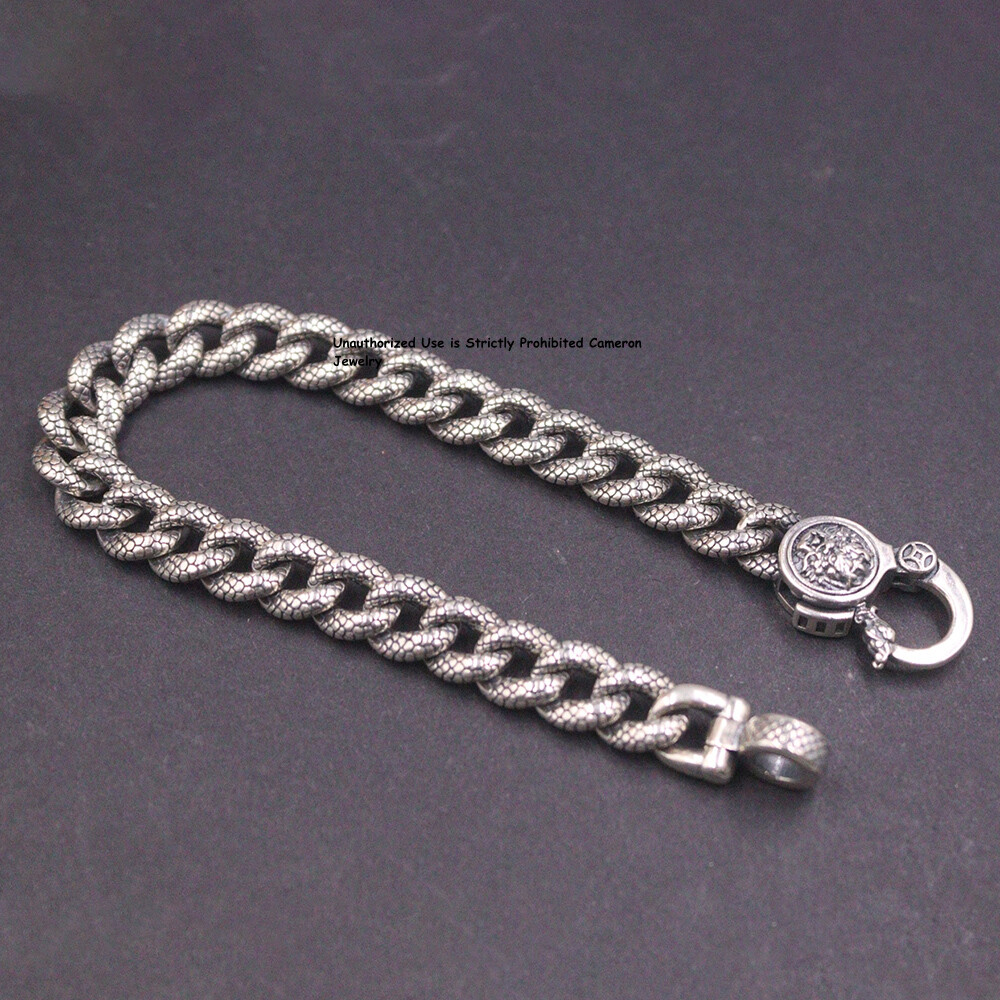 Pure S925 Sterling Silver Chain Men 9mm Dragon Curb Link Bracelet 34-35g 7.9inch