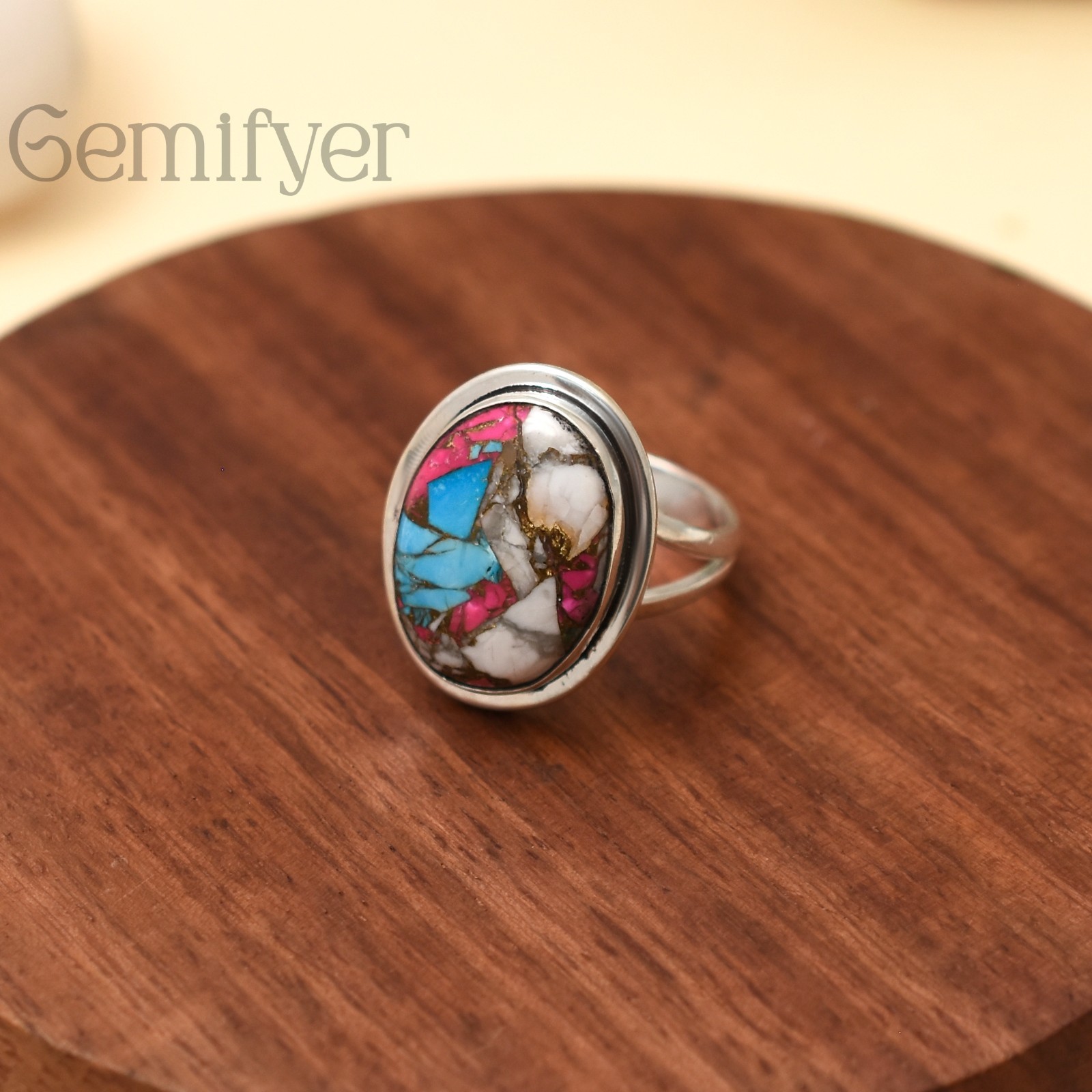 13×18 Natural Cotton Candy Turquoise 925 Sterling Silver Handmade Ring For Women
