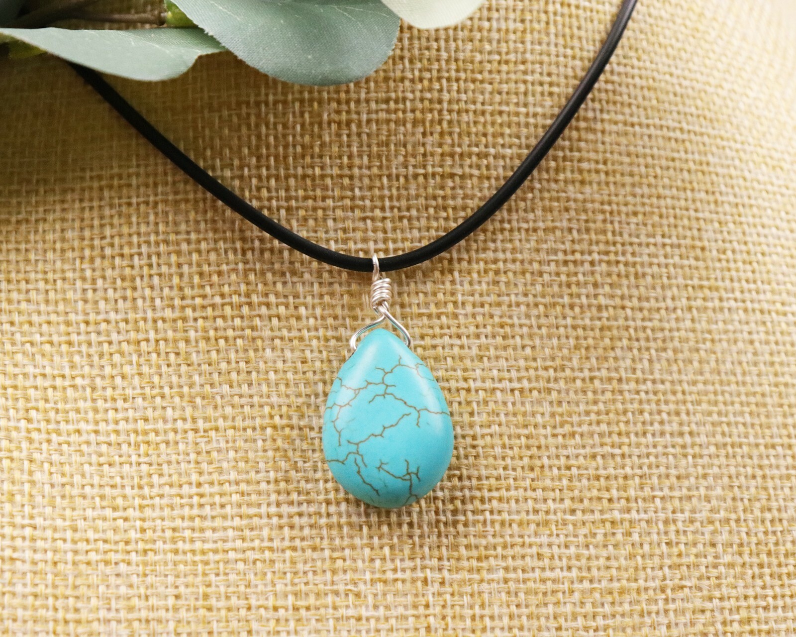 Teardrop Turquoise Pendant Necklace for Women with Leather Cord