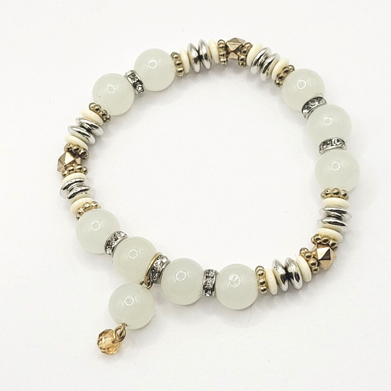 Modern Three Glass Bead w Rhinestone Jade Milky Glass Color Stretch Bracelet Set