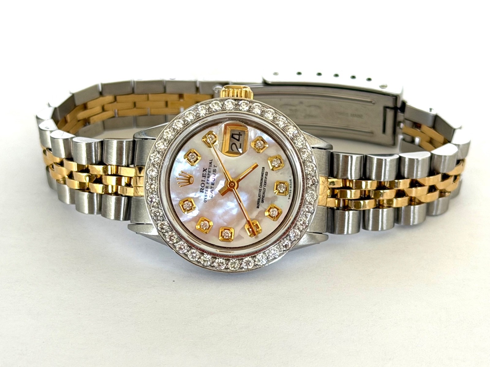 ROLEX LADIES WATCH DATEJUST TWO TONE 18K. GOLD MOP DIAMOND DIAL & DIAMOND BEZEL