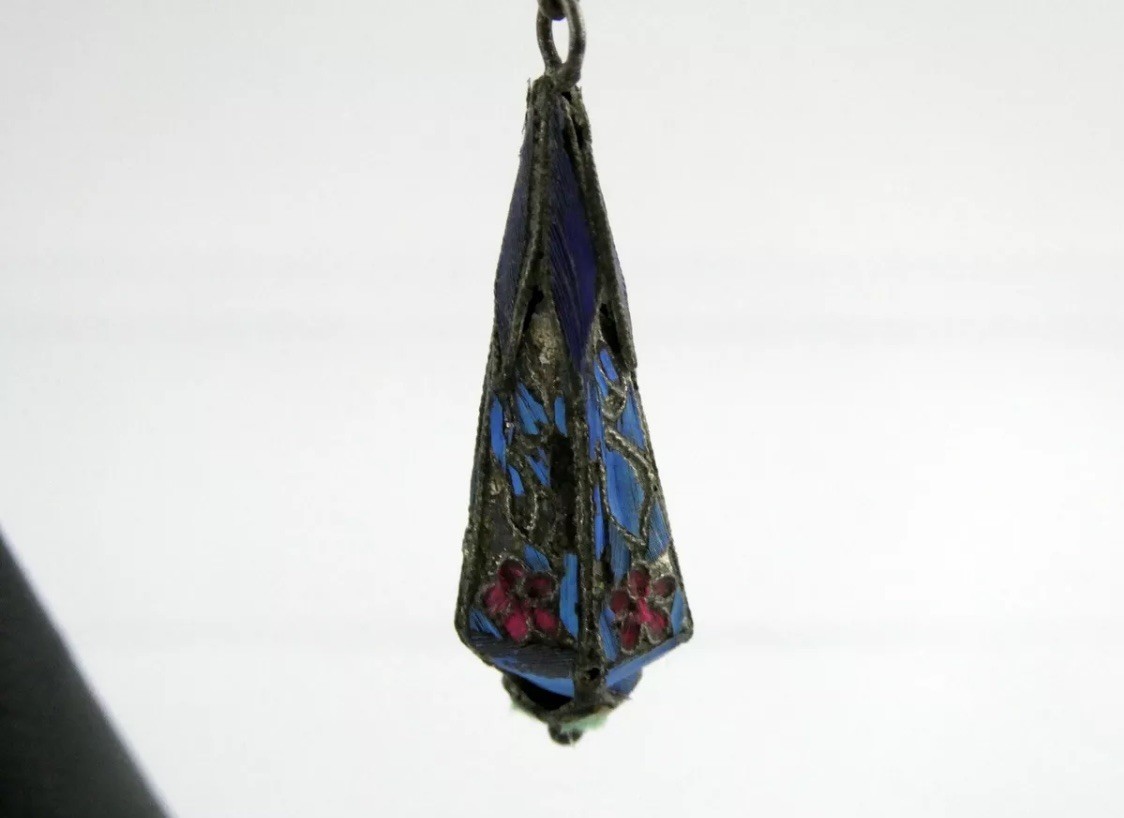 Rare Antique Chinese Kingfisher Bird Feather Silver Drop Dangle Earrings