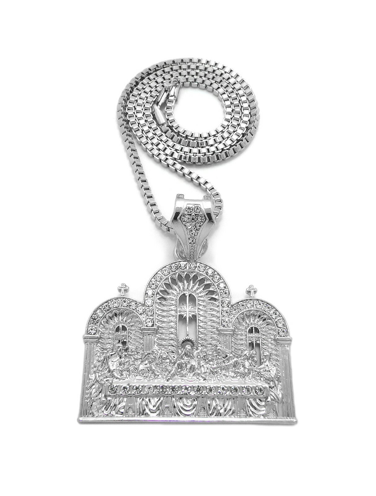 Hip Hop Silver Last Supper Pendant & Box / Franco / Cuban Chain Bling Necklace