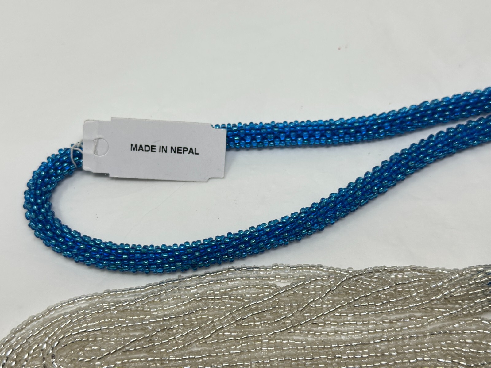 Made in Nepal Himalayan Gems Blue Silver Glass Seed Bead 32″ Necklace
