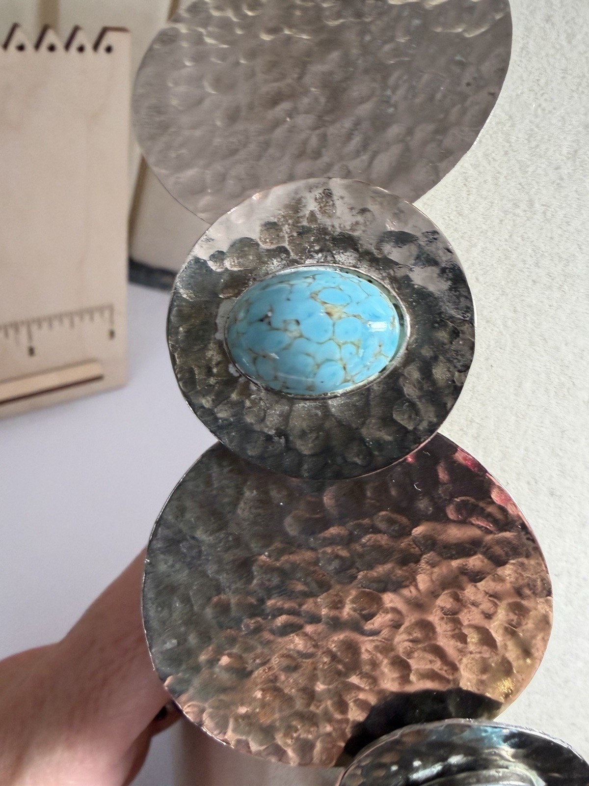 Hammered Brutalist Necklace Silver Tone Disc Statement Modernist Turquoise Glass