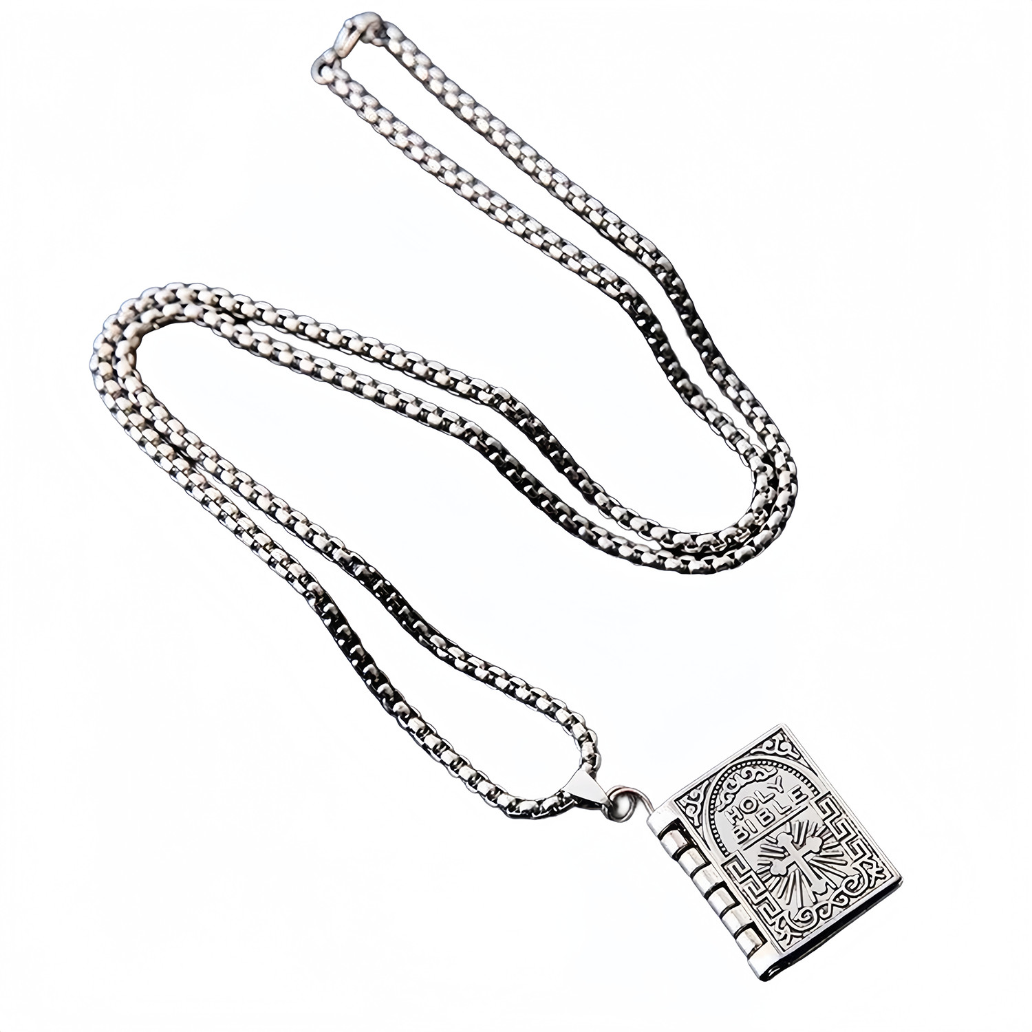 Silver Tone Hinged Bible Book Cross Pendant Necklace Religious Jewelry Unisex US