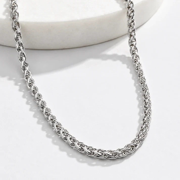 8mm Braided Wheat Chain Necklace 24in Stainless Steel Men Women Silver Tone