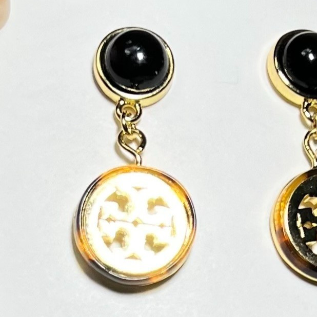 Tory Burch Gold Black Tortoise Double T Logo Resin Drop Dangle Post Earrings New
